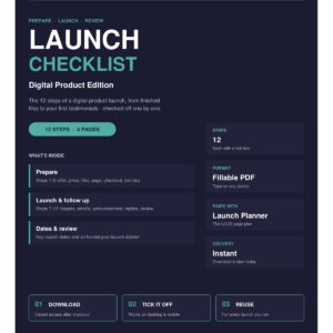 Digital Product Launch Checklist cover - 12 steps, 4 fillable pages