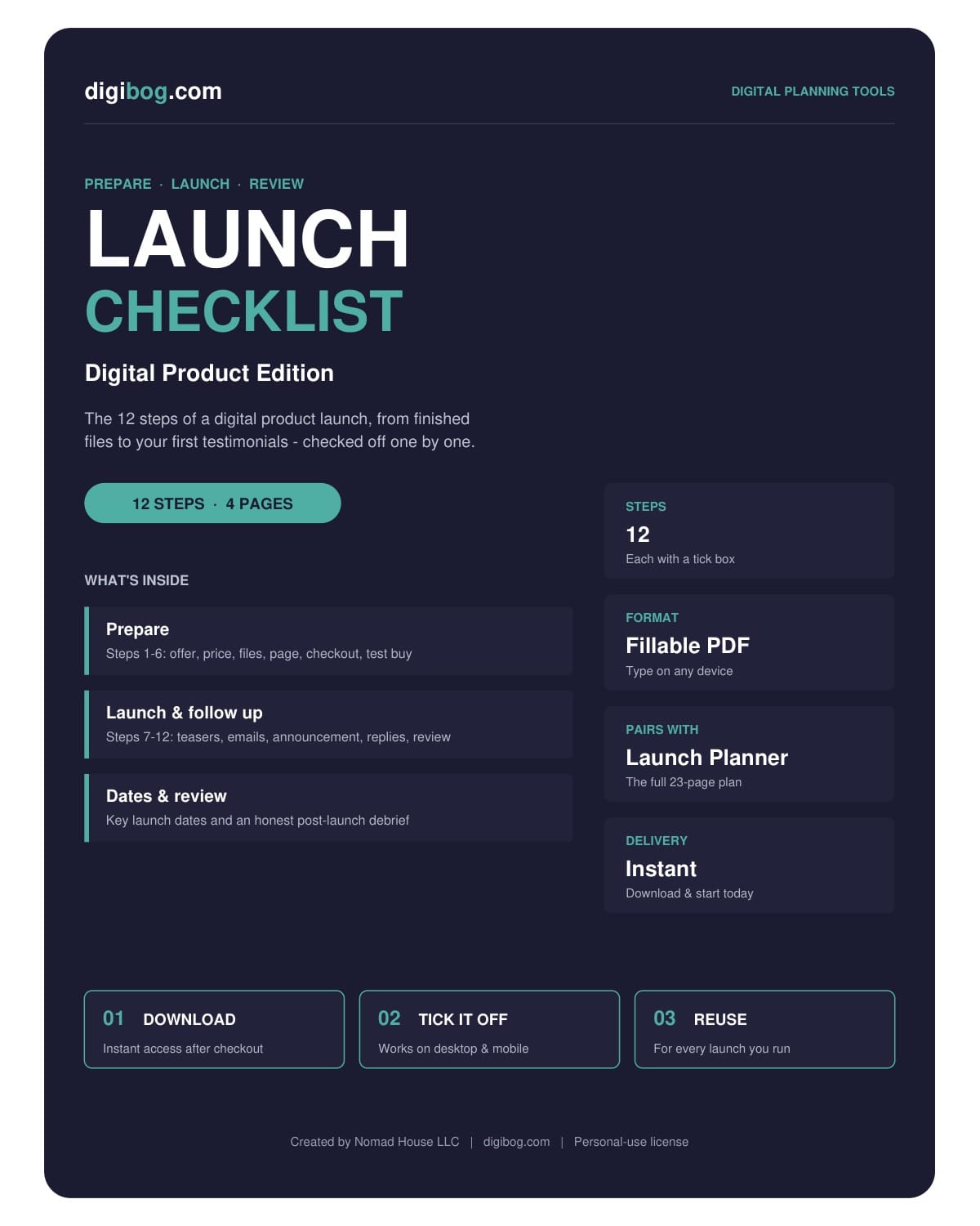 Digital Product Launch Checklist cover - 12 steps, 4 fillable pages