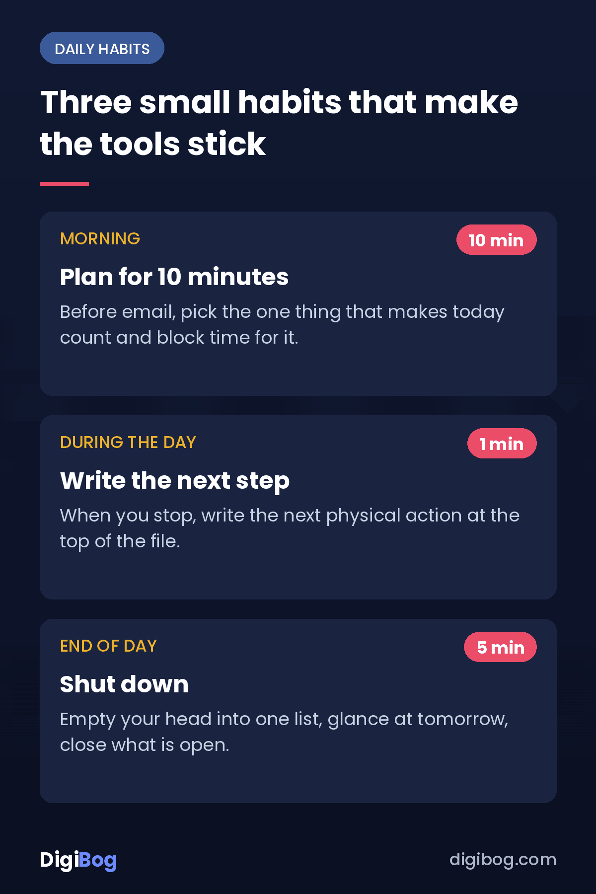 Three daily ADHD work habits: a 10-minute morning plan, writing the next step, and a 5-minute end-of-day shutdown