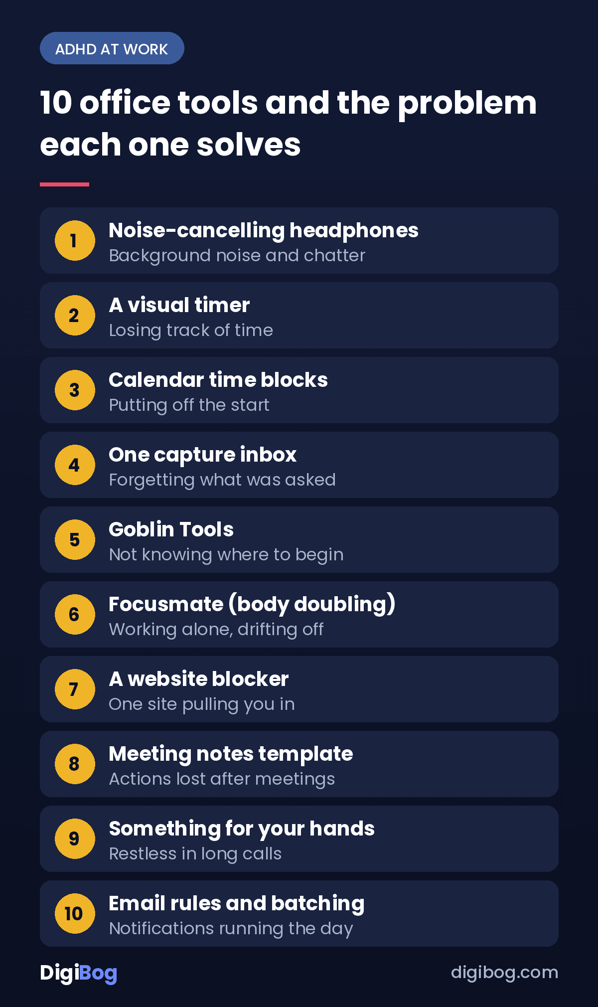 10 ADHD office tools and the problem each one solves, from noise-cancelling headphones to email rules