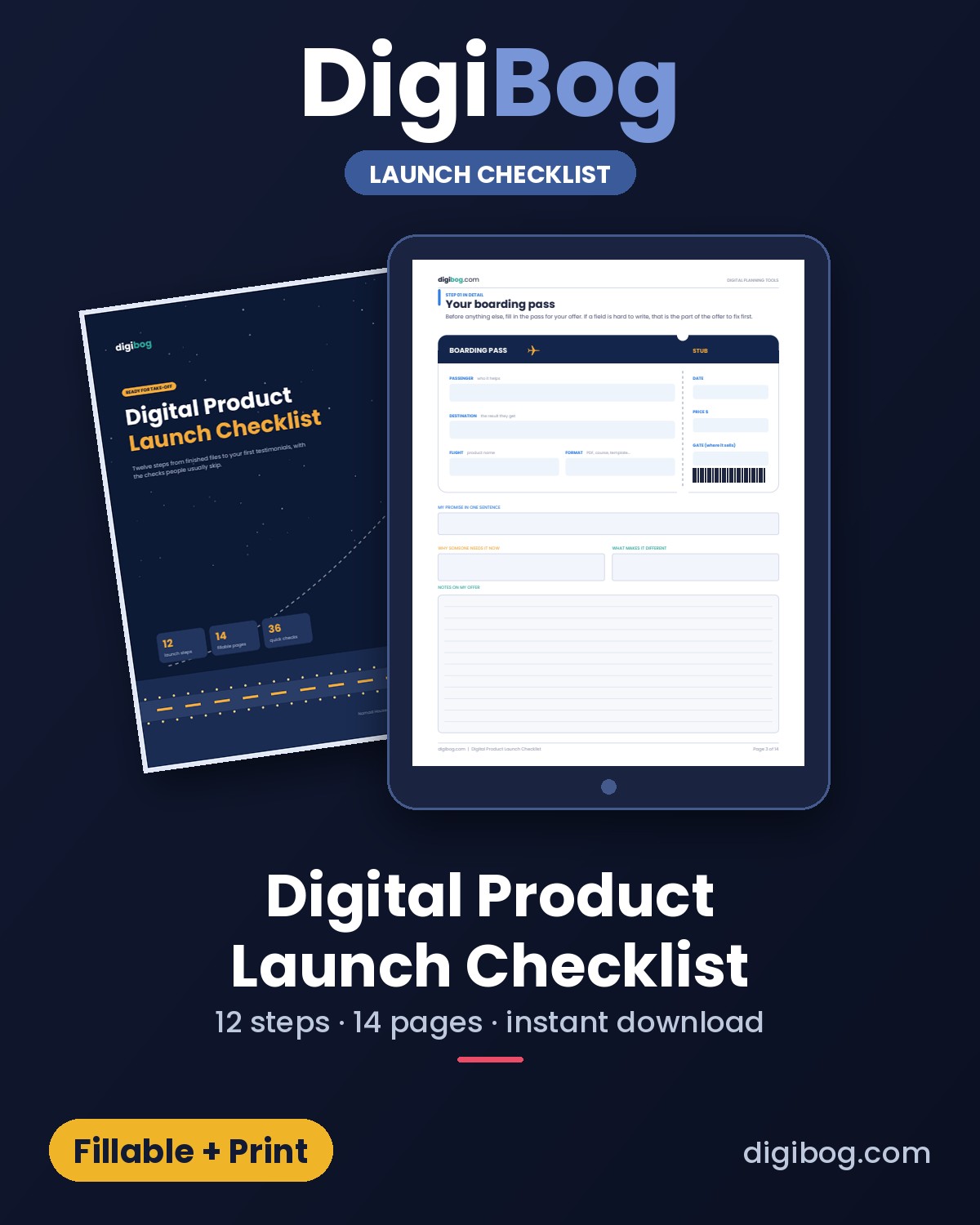 Digital Product Launch Checklist fillable PDF cover by DigiBog