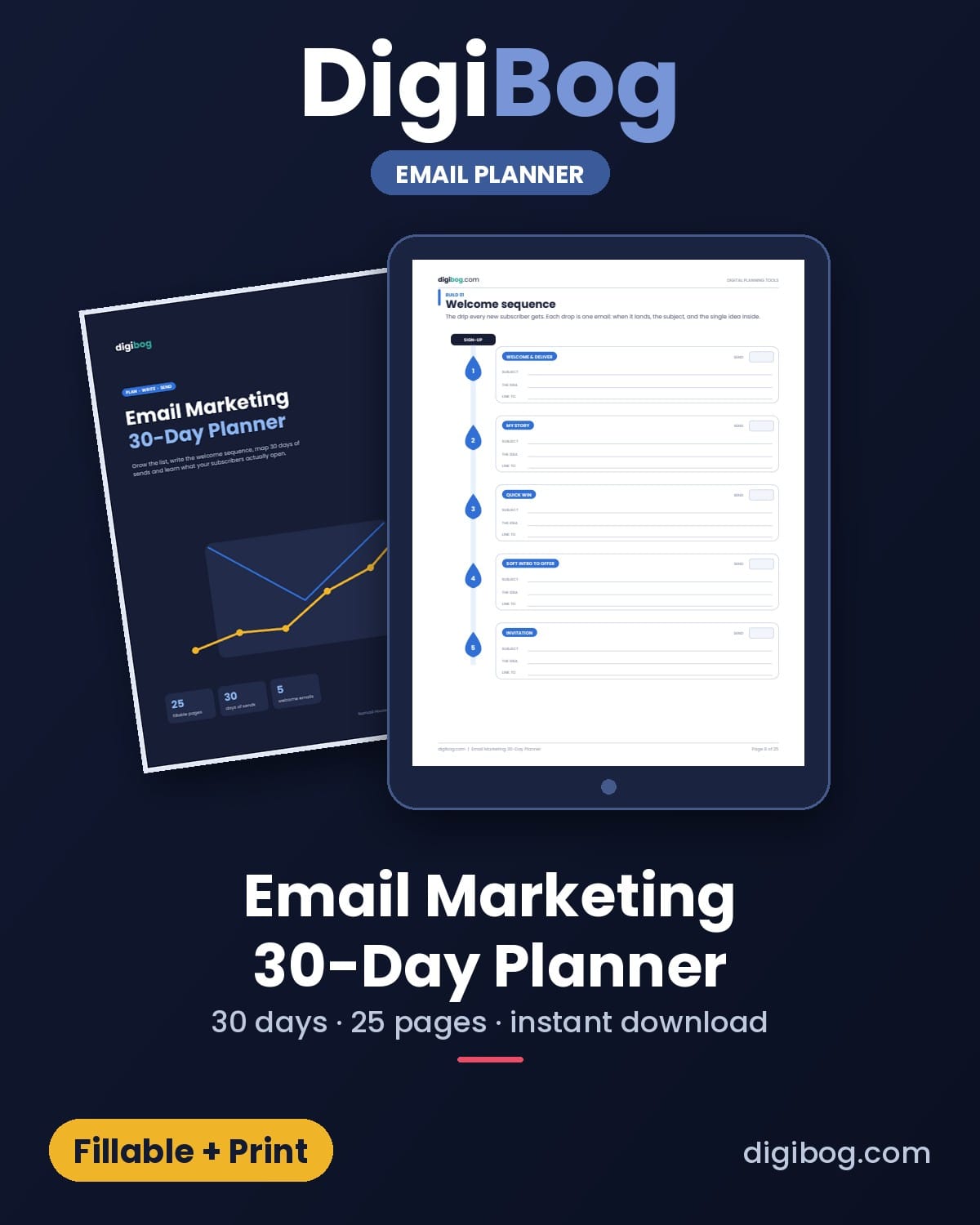 Email Marketing 30-Day Planner fillable PDF cover by DigiBog