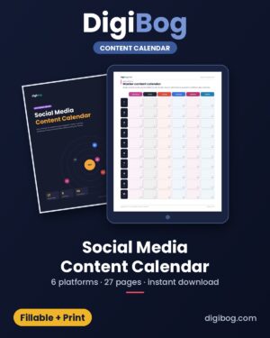 Social Media Content Calendar fillable PDF cover by DigiBog